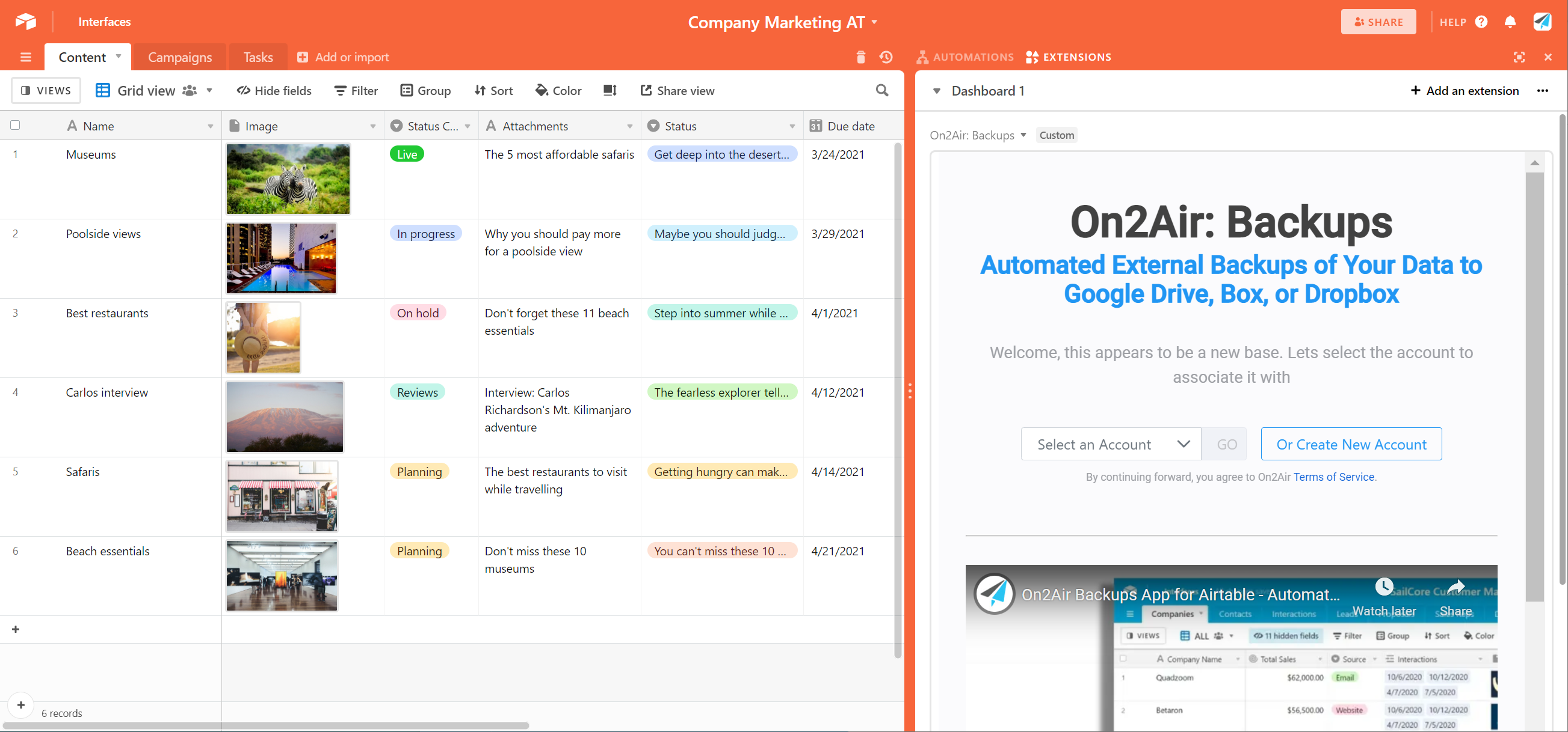 on2air backups for airtable with airtable base and the backups extension